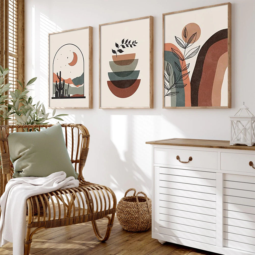 A Set of Abstract Painting Nordic Art Print 3 Pieces Green Brown Beige Color Art
