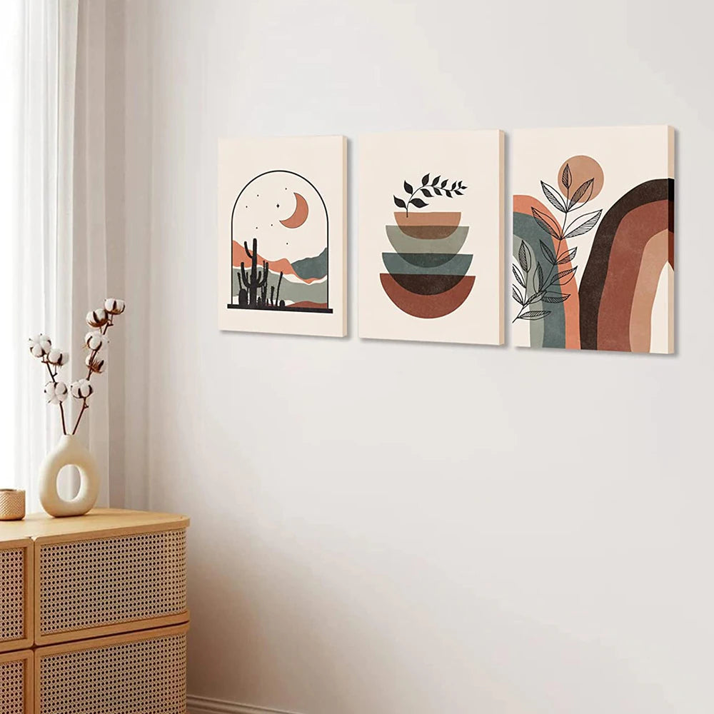 A Set of Abstract Painting Nordic Art Print 3 Pieces Green Brown Beige Color Art