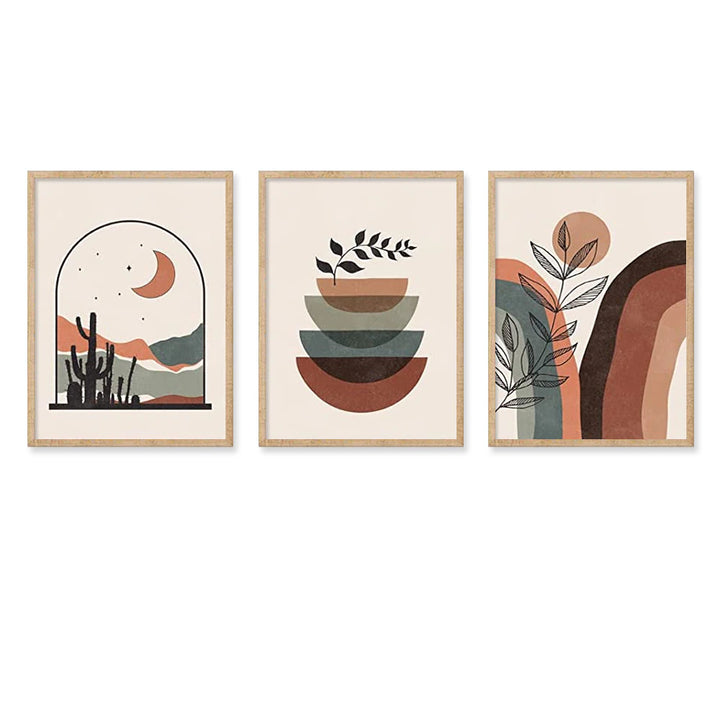 A Set of Abstract Painting Nordic Art Print 3 Pieces Green Brown Beige Color Art