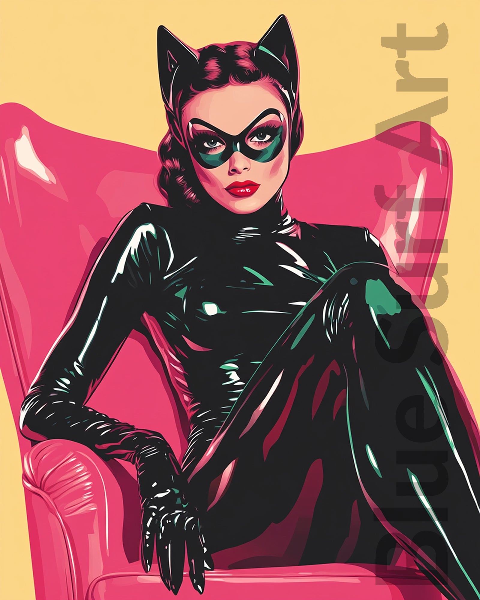 Character in a black cat-themed outfit sitting on a pink chair with a yellow background. Feline Femme | Glam Pop Art Portrait | Blue Surf Art