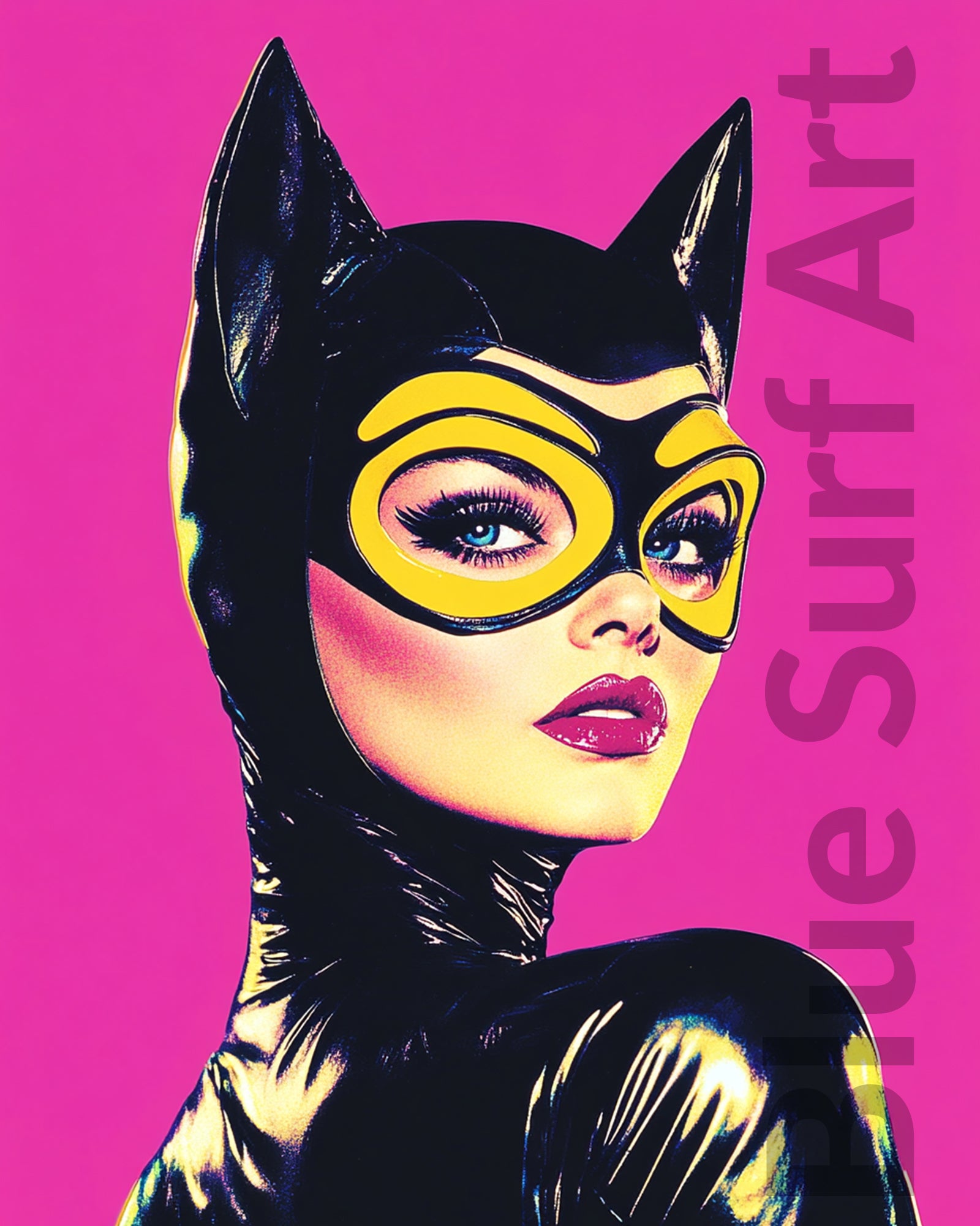 Catwoman costume with yellow accents on a pink background, featuring Blue Surf Art branding. Pink Feline Icon | Glam Pop Art Portrait | Blue Surf Art