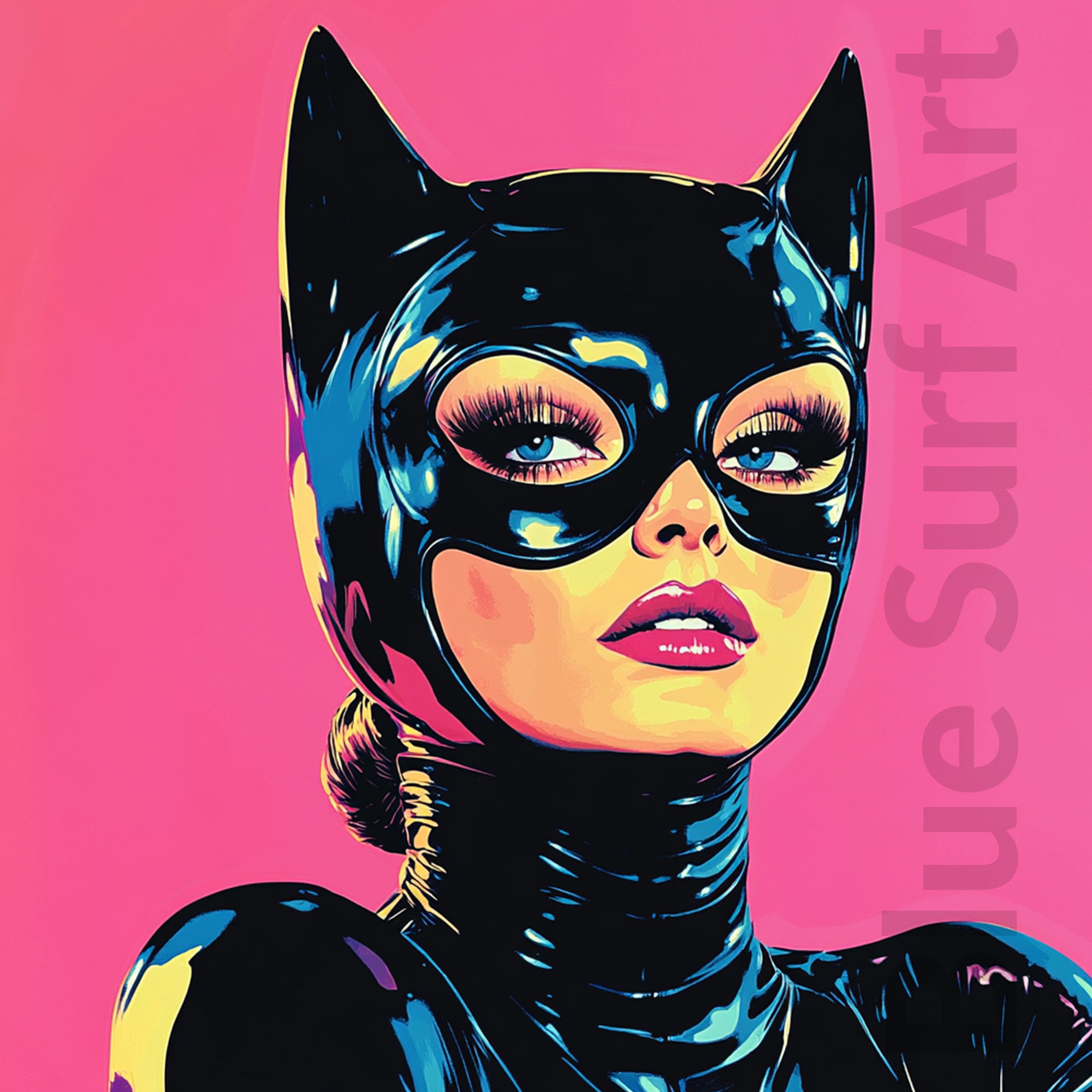 Colorful illustration of a character in a black mask and costume on a pink background with 'Blue Surf Art' text.