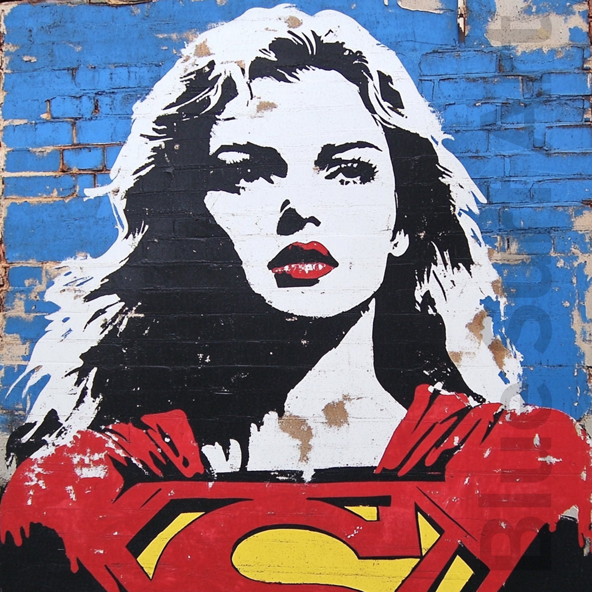 Stylized portrait of a superhero with a red and yellow emblem on a textured wall.