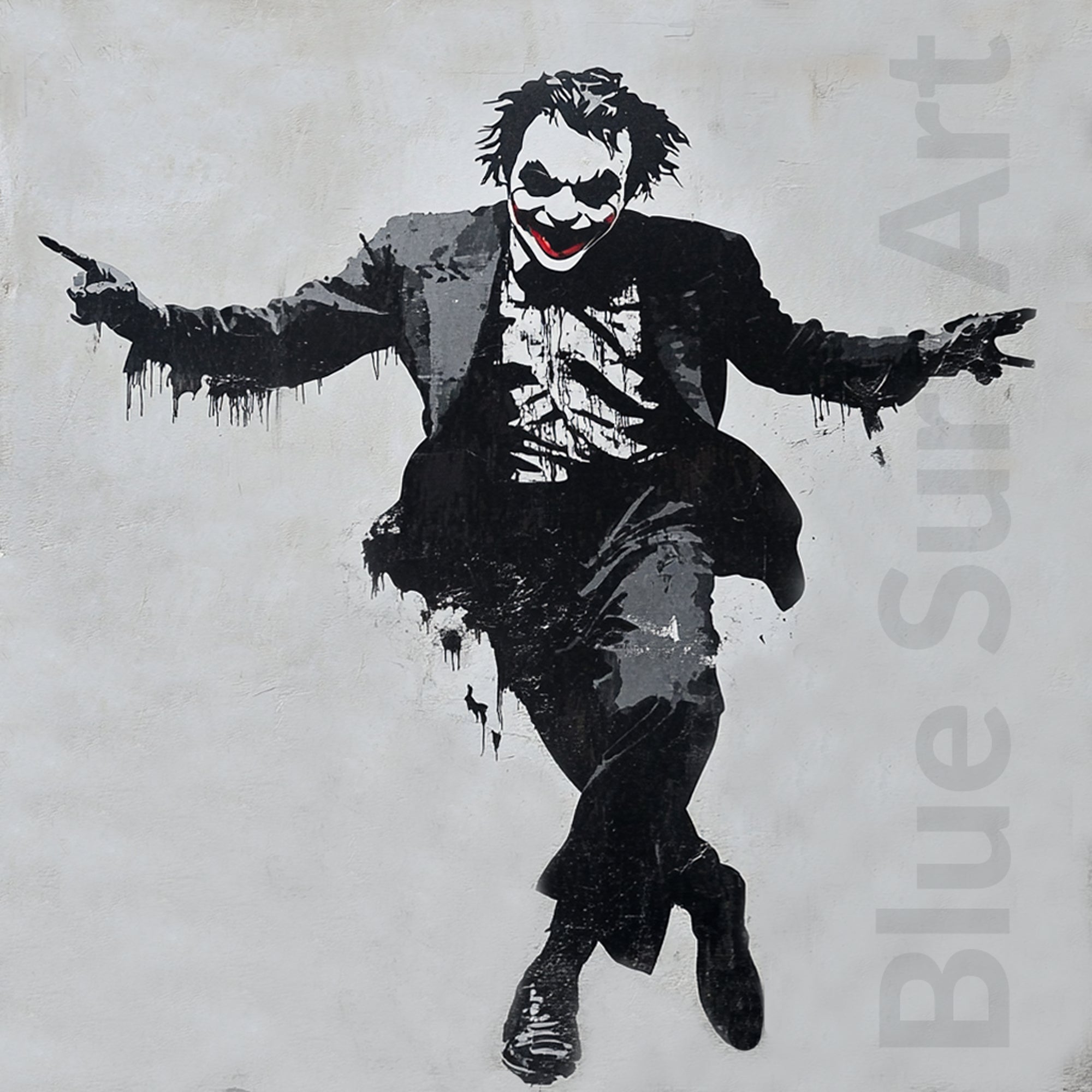 Stylized depiction of a character in a suit with arms outstretched on a light gray background, featuring the text 'Blue Suit' on the right.