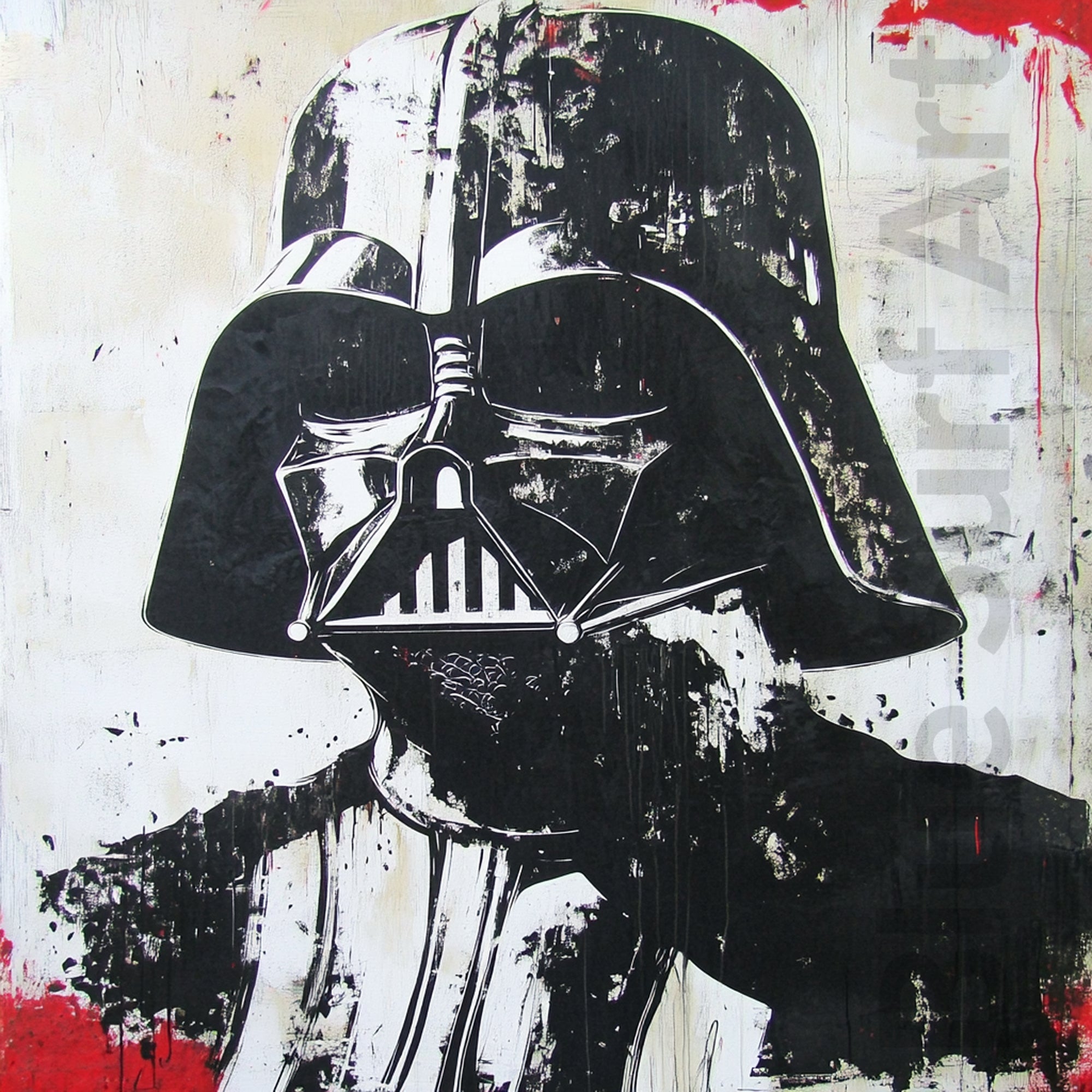 Artistic depiction of a character wearing a Darth Vader helmet on a textured background.