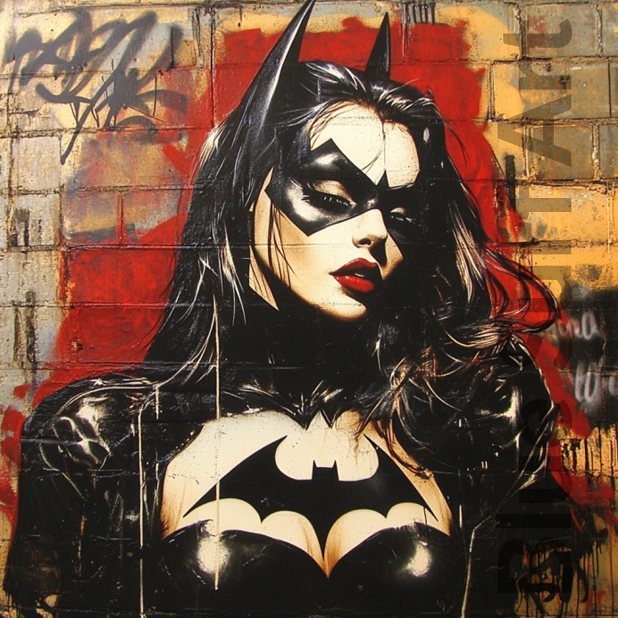 Graffiti-style artwork of a superheroine with a bat symbol on a textured wall.