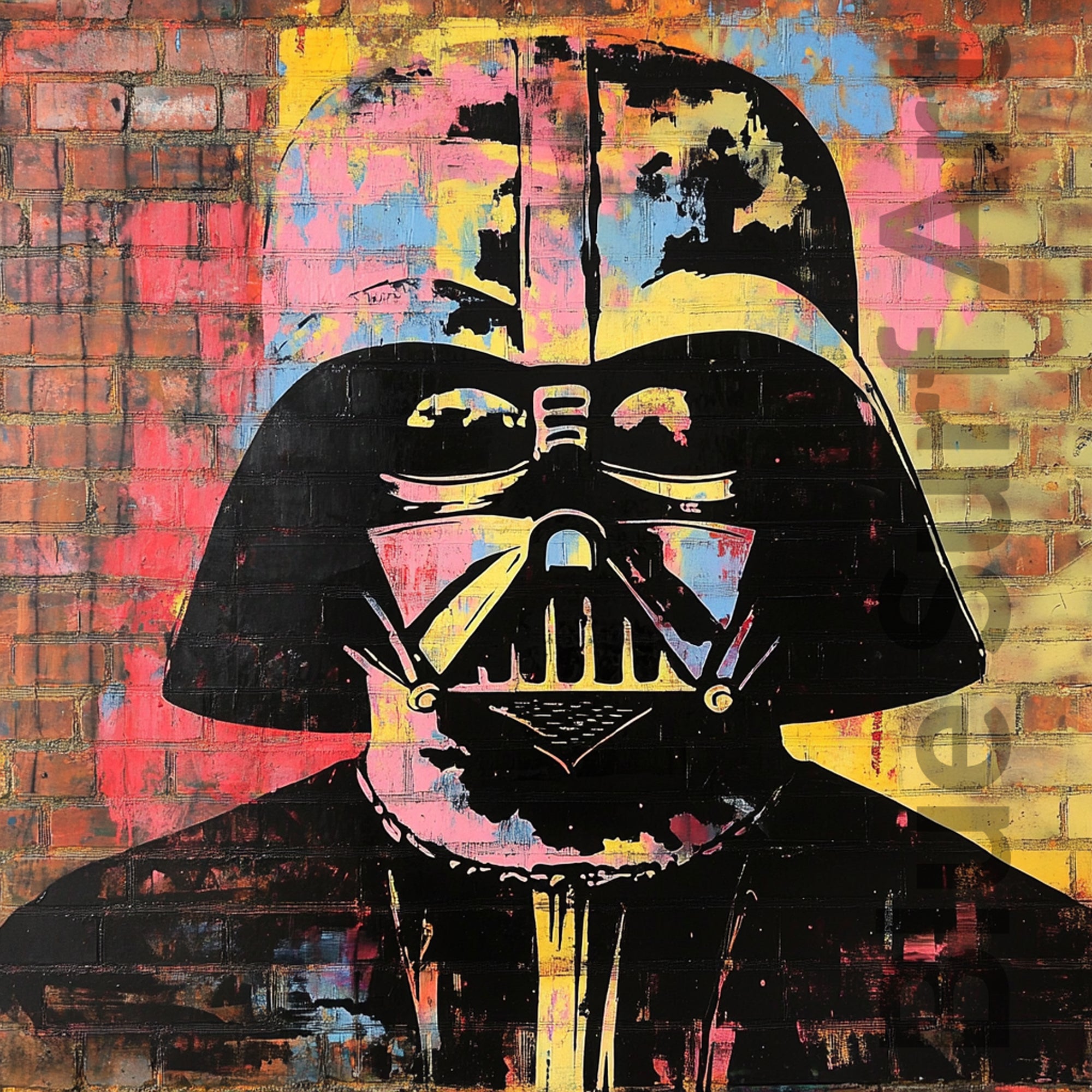 Colorful abstract depiction of Darth Vader against a brick wall background