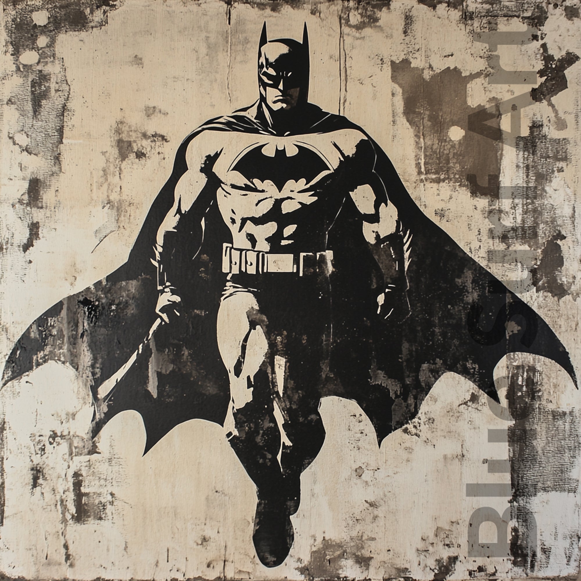 Black and white superhero in a dynamic pose on a textured background. Explore Dark Knight Rising, a bold superhero-inspired monochrome street art painting. Hand-painted statement wall art for modern interiors.