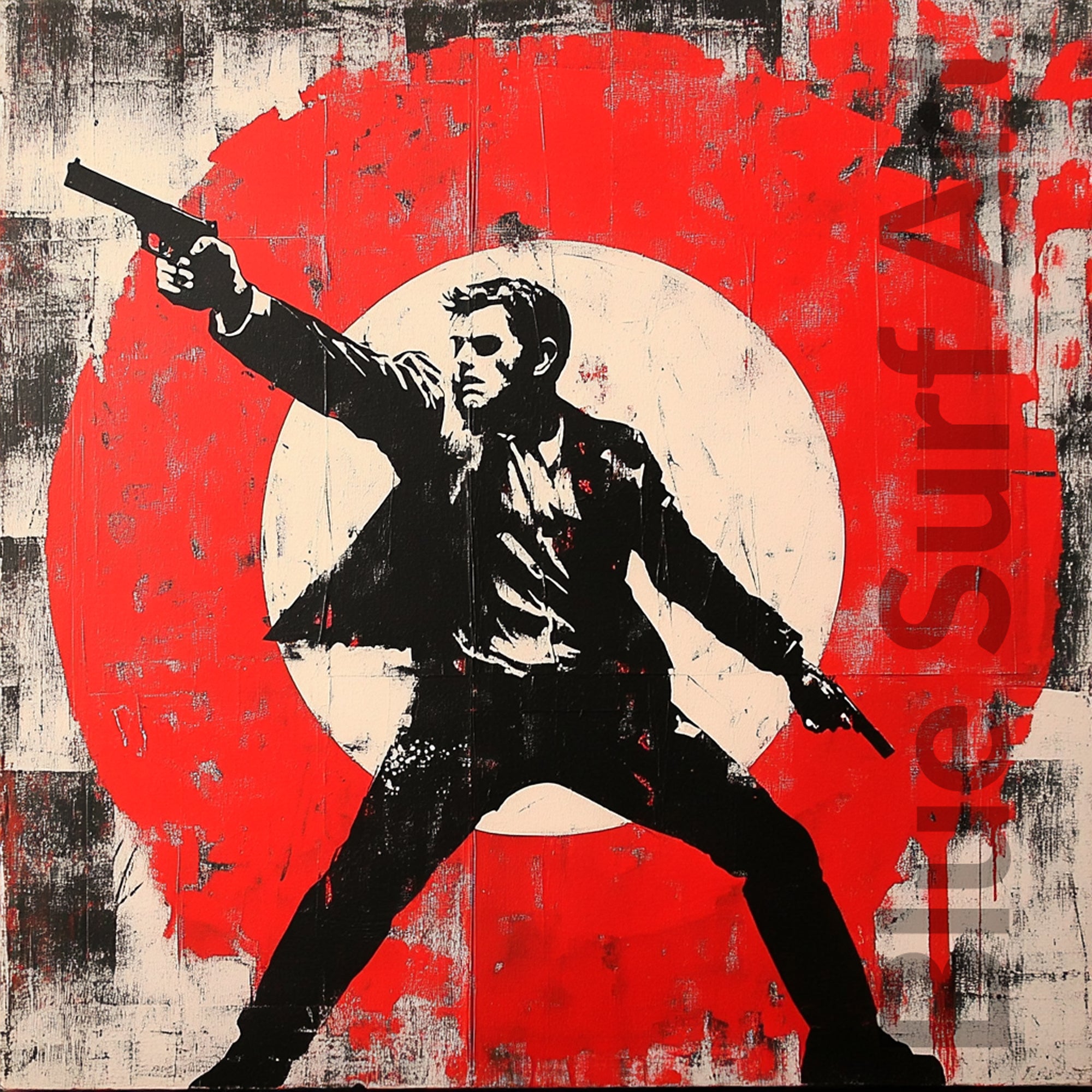 Stylized illustration of a man with a gun against a red and black background