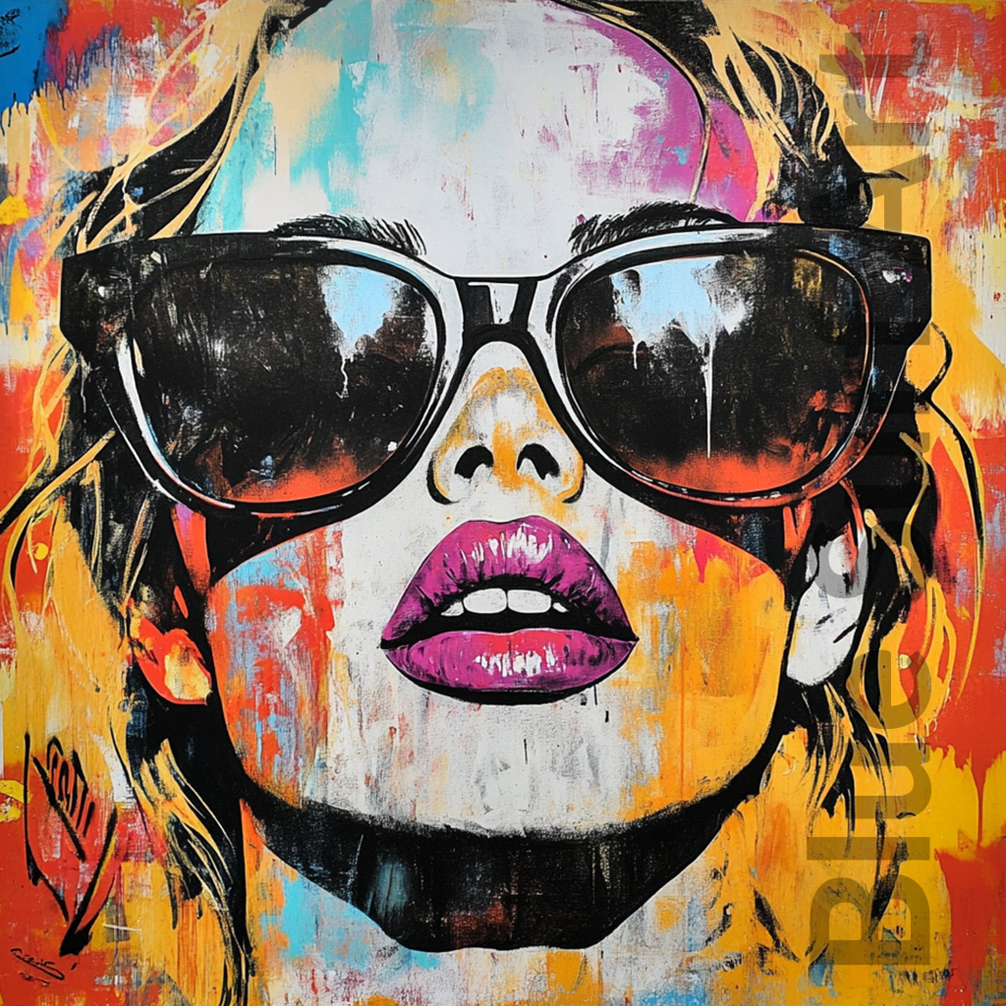 Colorful abstract painting of a face with sunglasses and vibrant colors