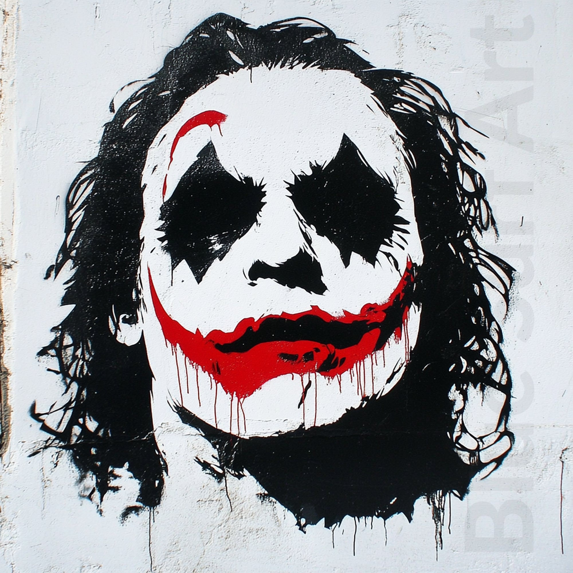 Stylized artwork of a character with a white face, black eyes, and red mouth on a textured white background. Clown-Inspired Pop Culture Art | Street Art Painting | Blue Surf Art