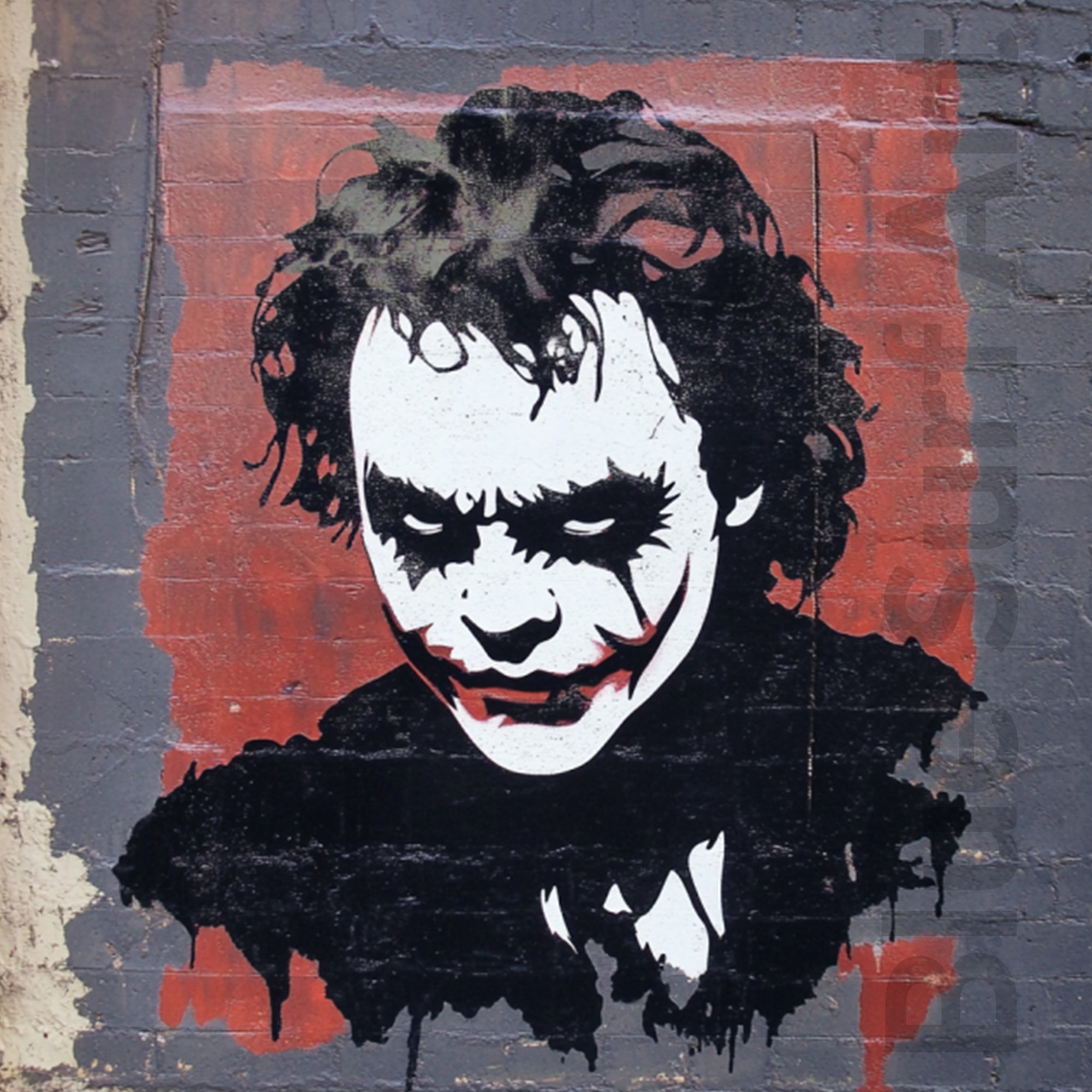 Stylized illustration of a character with a white face, black hair, and red accents on a textured wall background. Dark Smile | Pop Culture Street Art Painting | Blue Surf Art