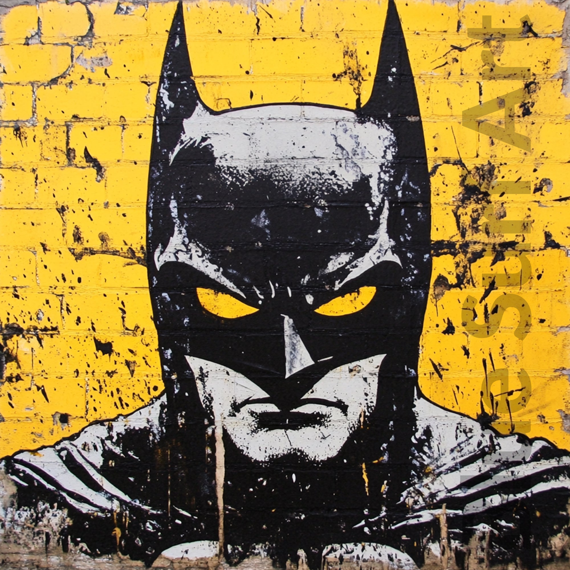 Batman mural on a yellow wall with black and white details. Explore Night Guardian, a bold pop culture street art painting inspired by urban hero imagery and graffiti style. Hand-painted statement wall art.