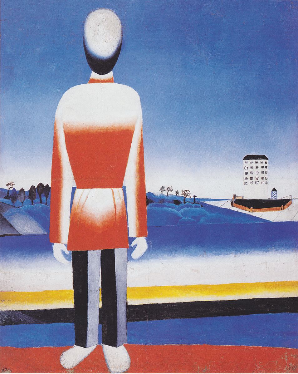 Mann in suprematischer Landschaft Painting by Kazimir Malevich
