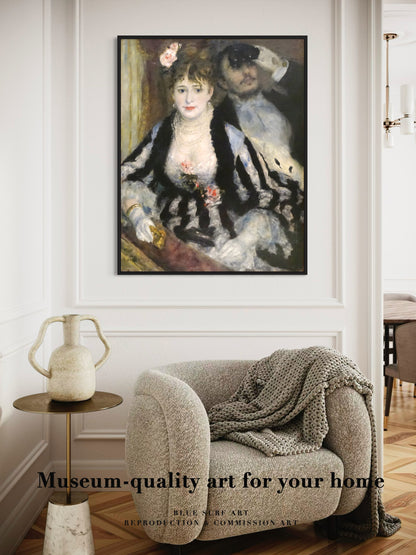 Framed painting of a couple in a living room with a beige armchair and side table.