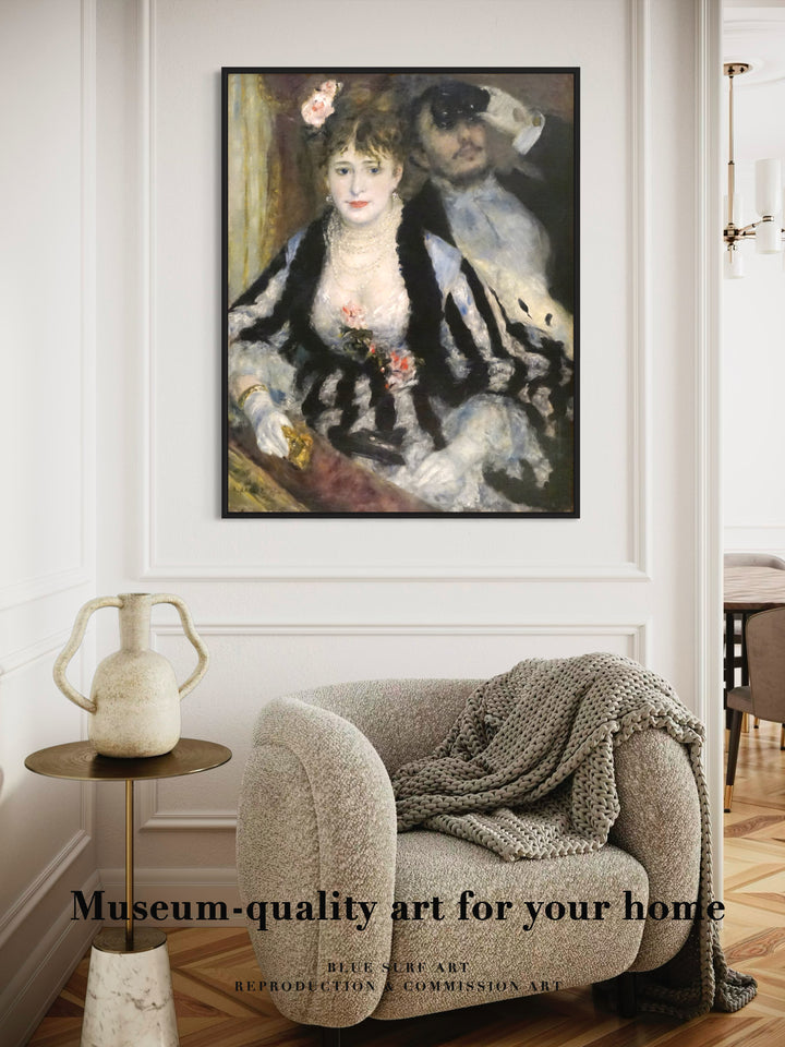 Framed painting of a couple in a living room with a beige armchair and side table.