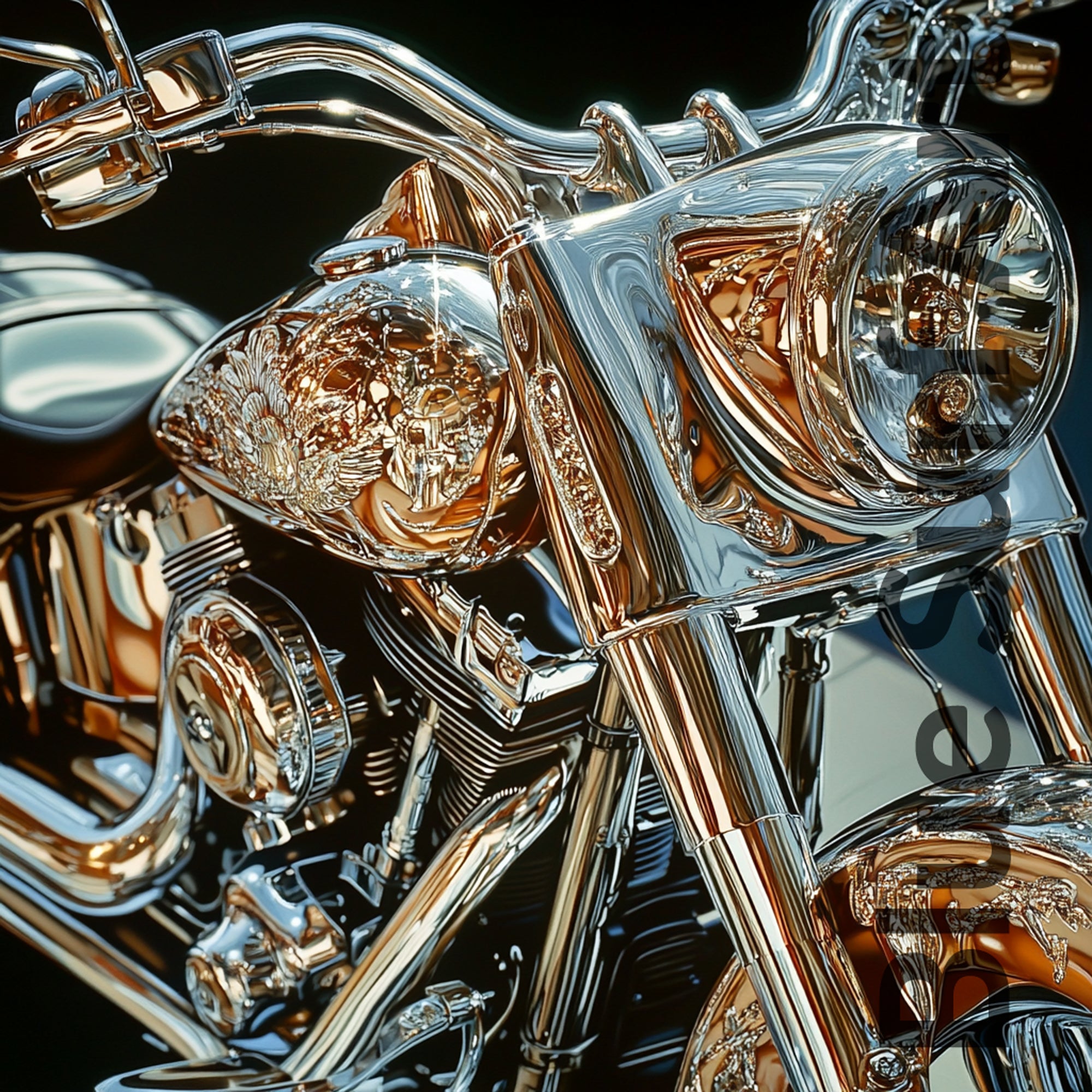 Close-up of a shiny motorcycle headlight and chrome details against a dark background