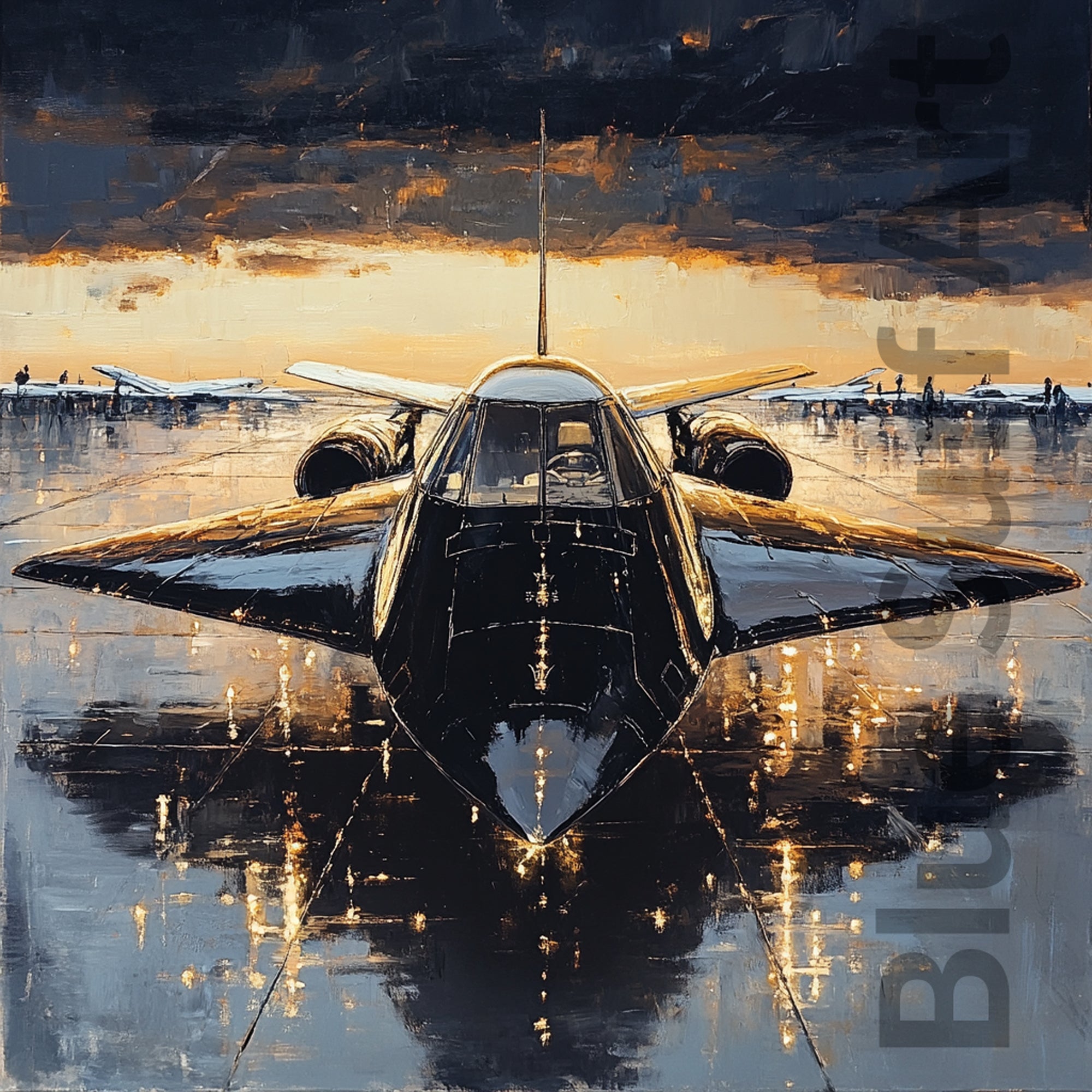 Painting of a fighter jet on an airport tarmac with a cityscape in the background