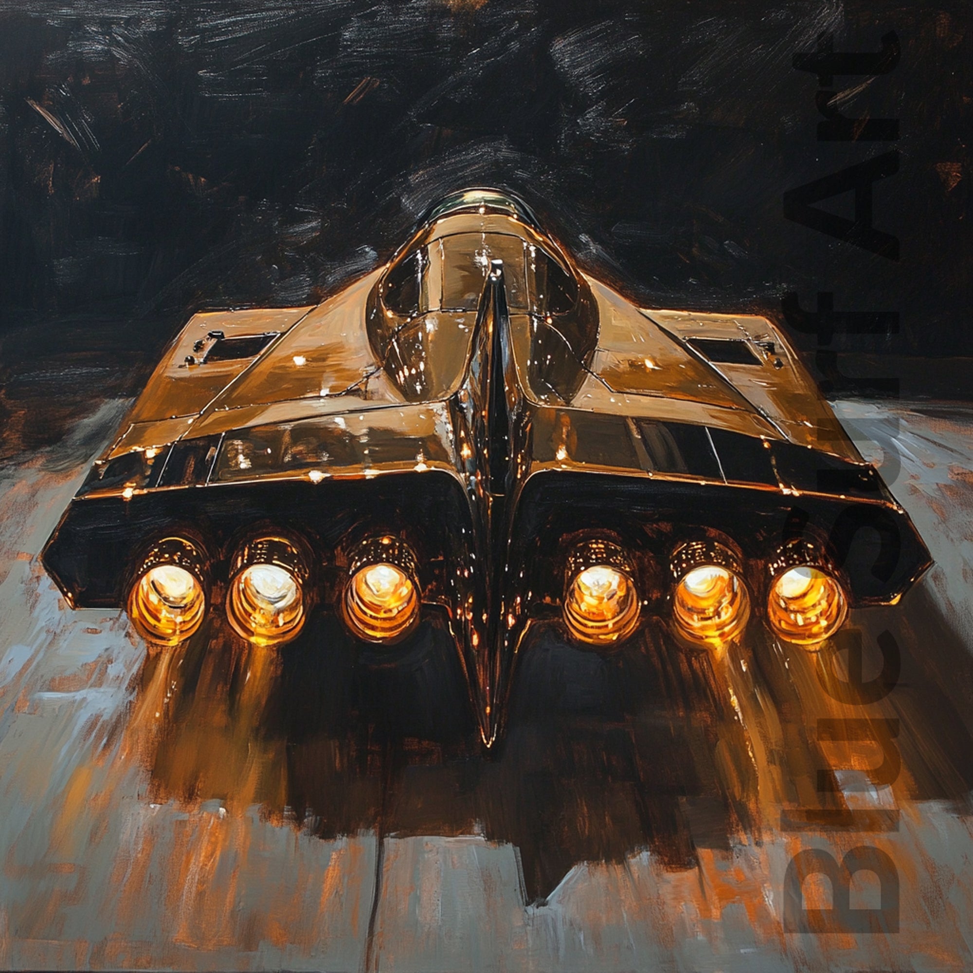 Stylized depiction of a spacecraft with glowing engines on a dark background