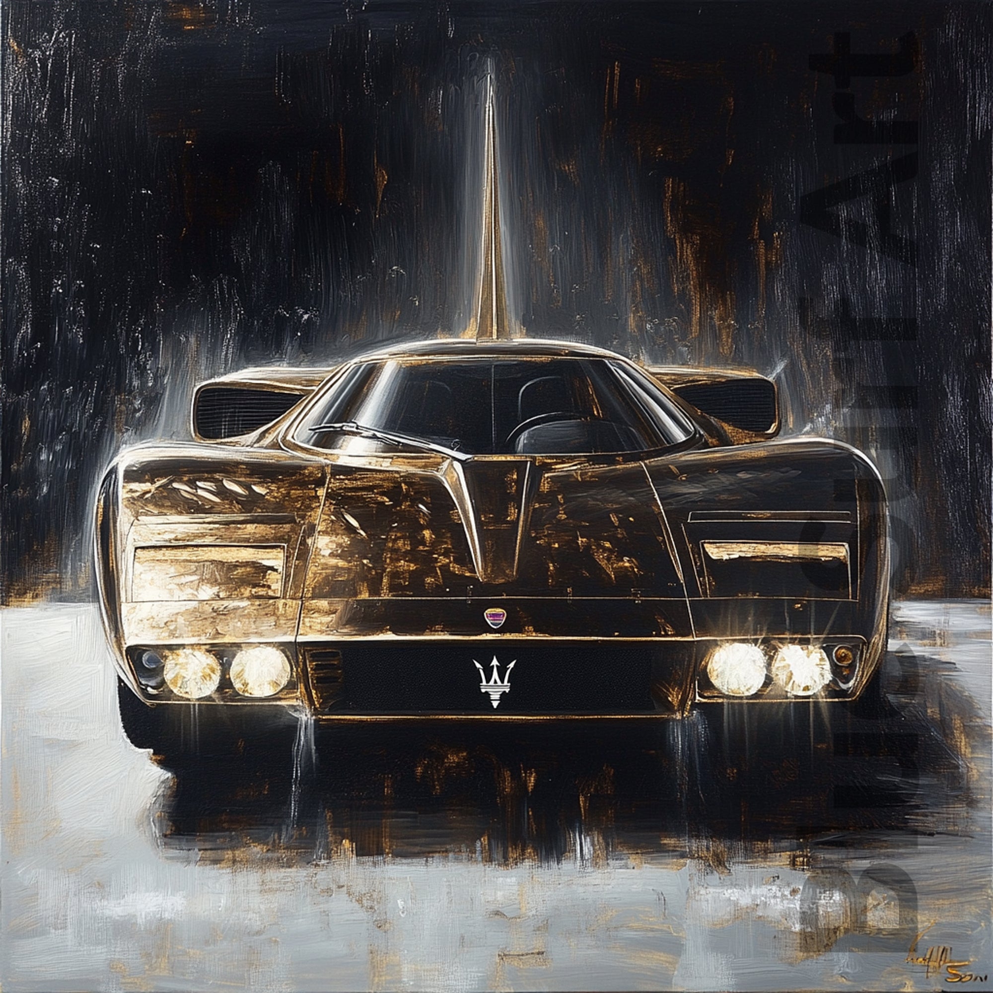 Stylized painting of a black and gold Maserati car on a dark background