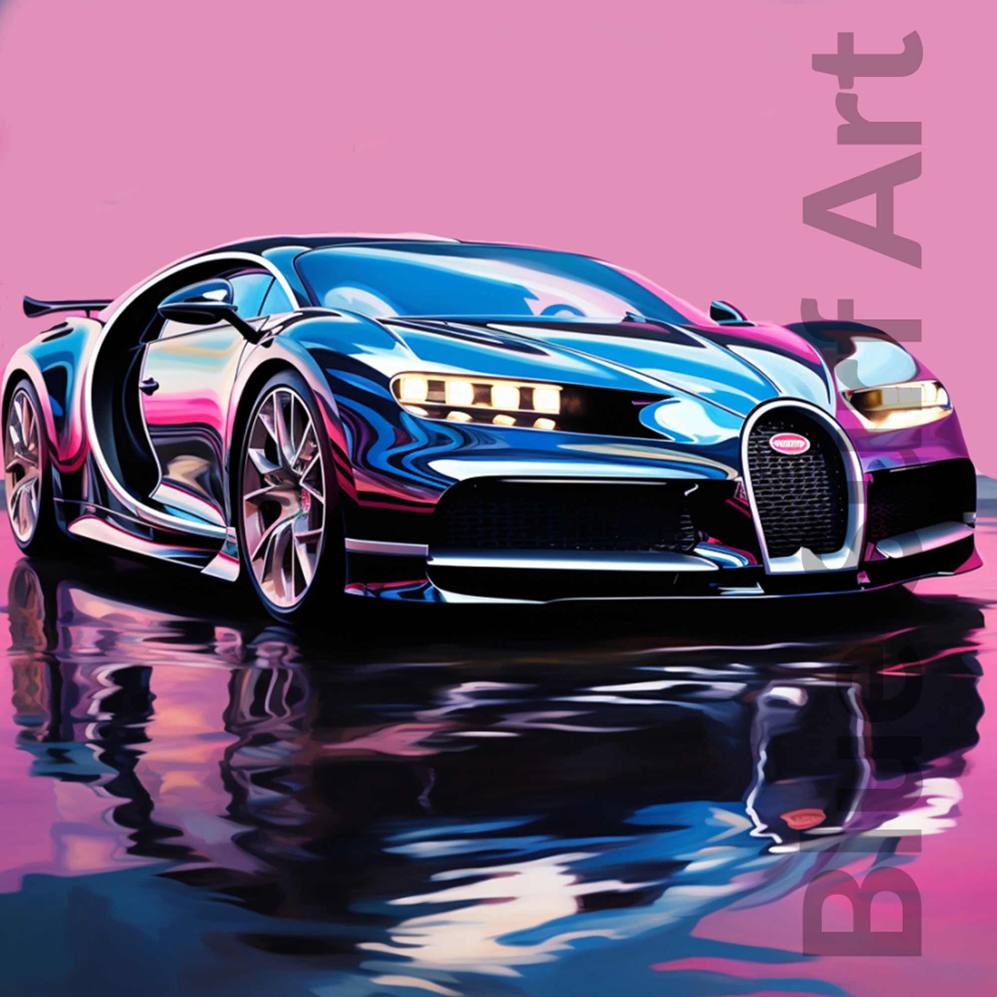 Stylized Bugatti car on a reflective surface with a pink gradient background