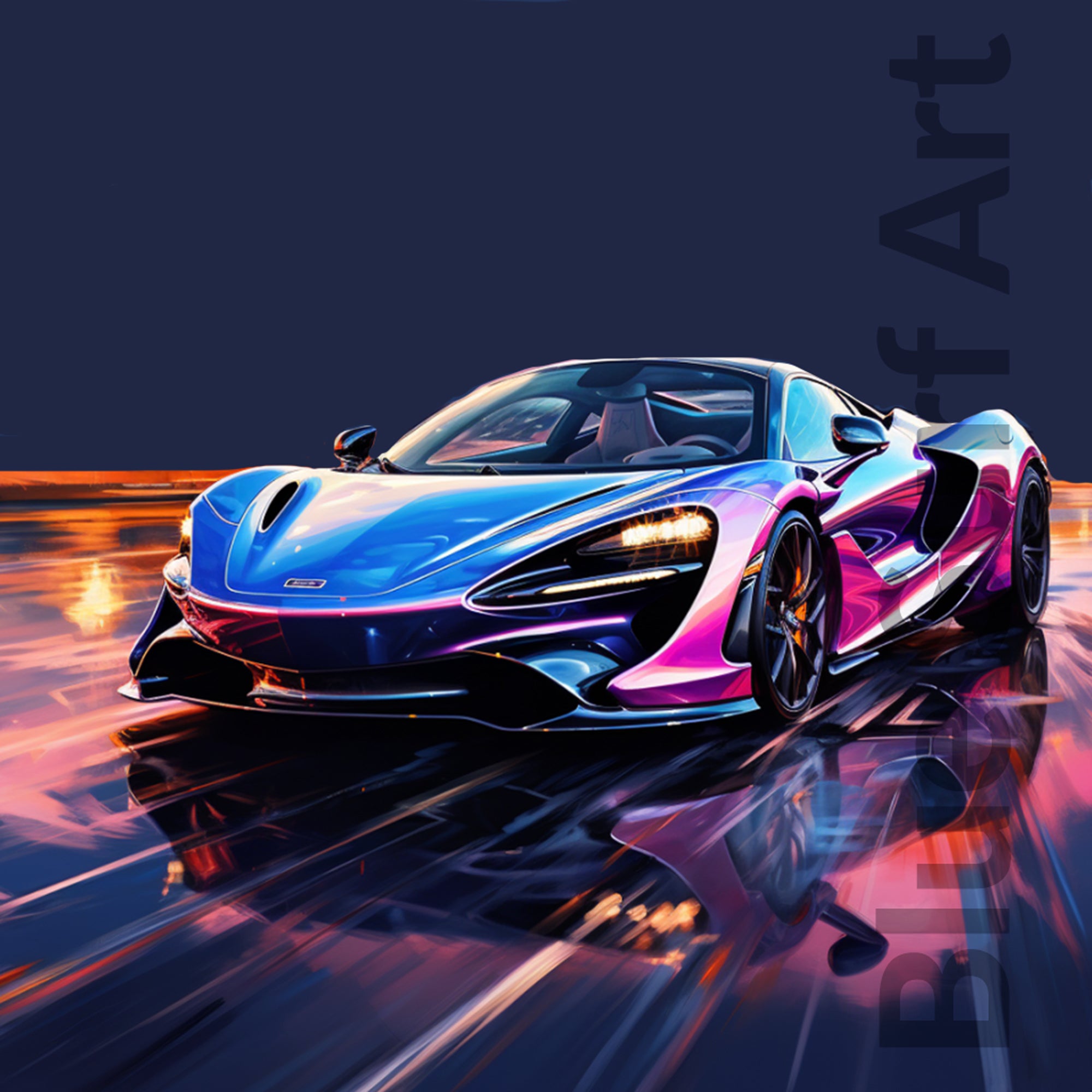 Stylized illustration of a futuristic sports car on a reflective surface with 'Art' text.