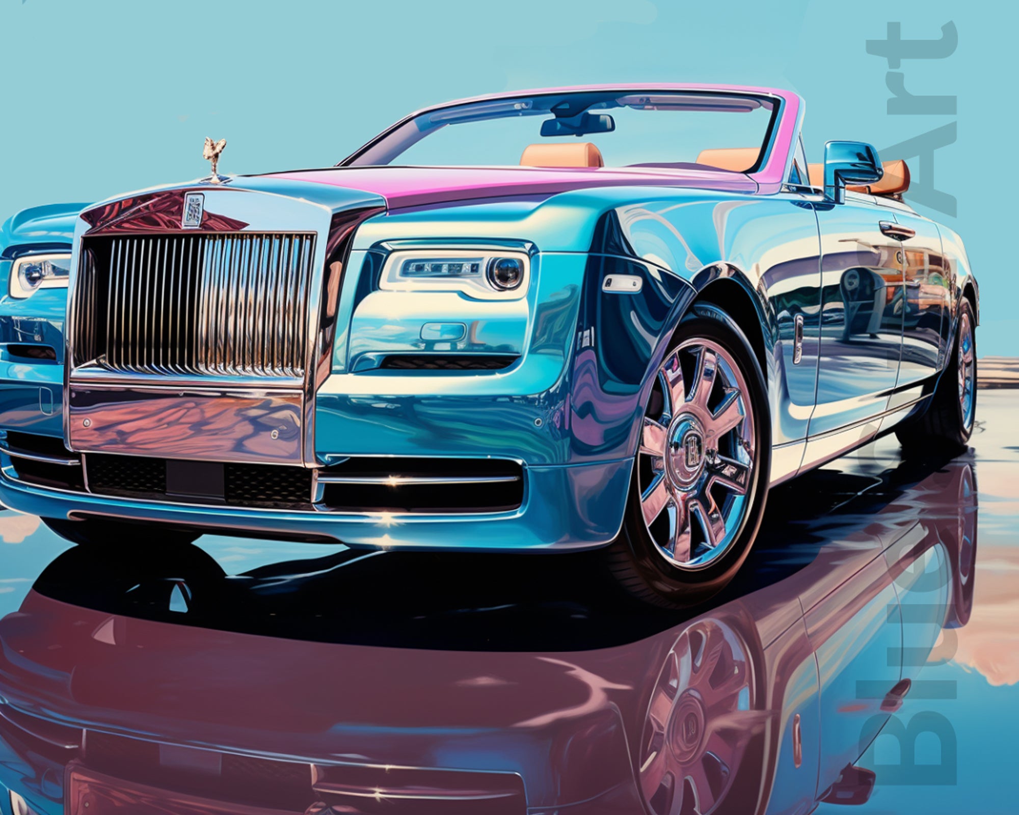 Luxury convertible car with a reflective surface on a blue background