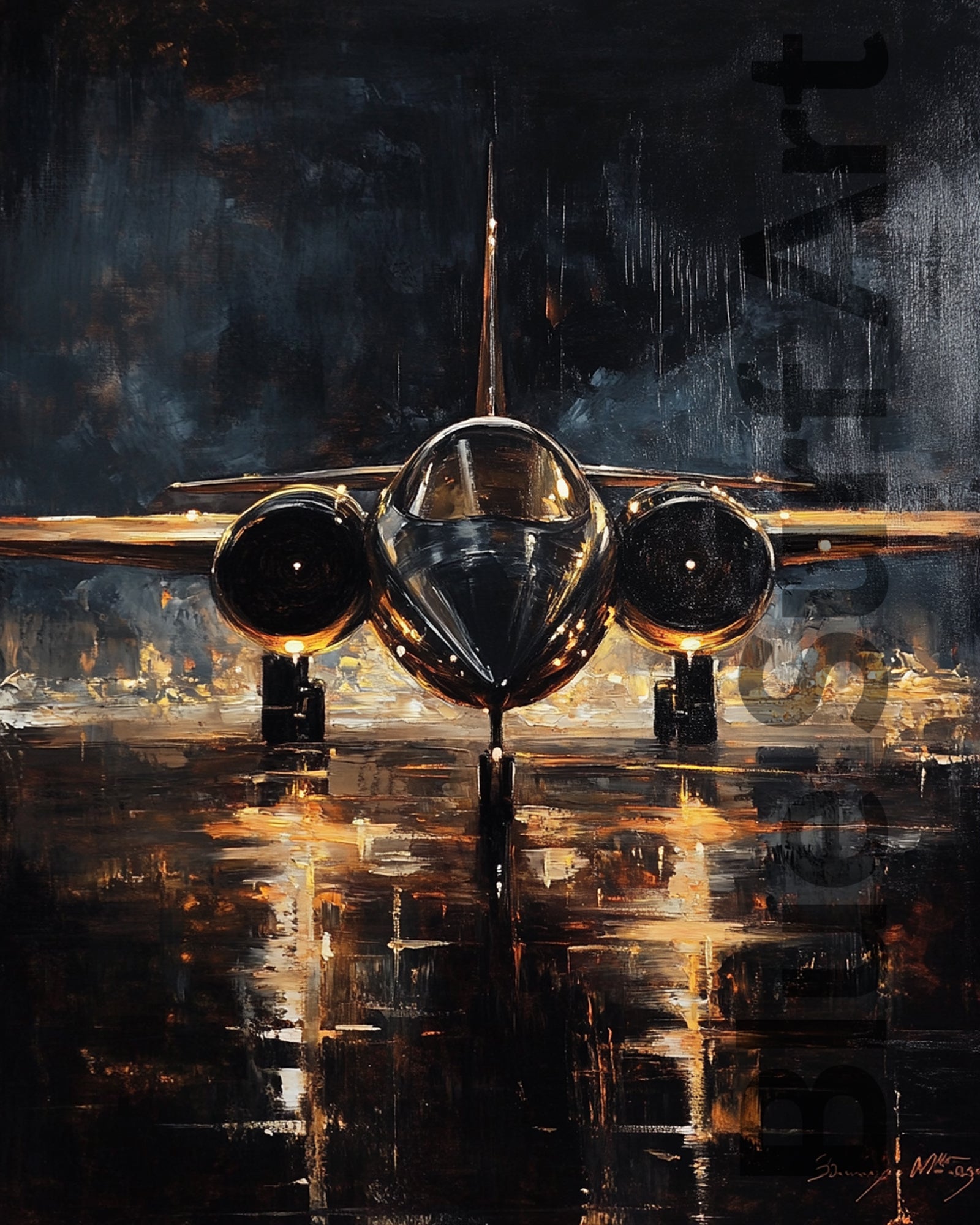 Artistic depiction of an airplane on a dark, abstract background