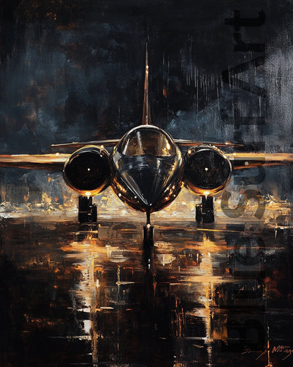 Artistic depiction of an airplane on a dark, abstract background