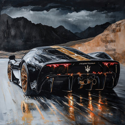 Black sports car on a mountain road with dramatic sky