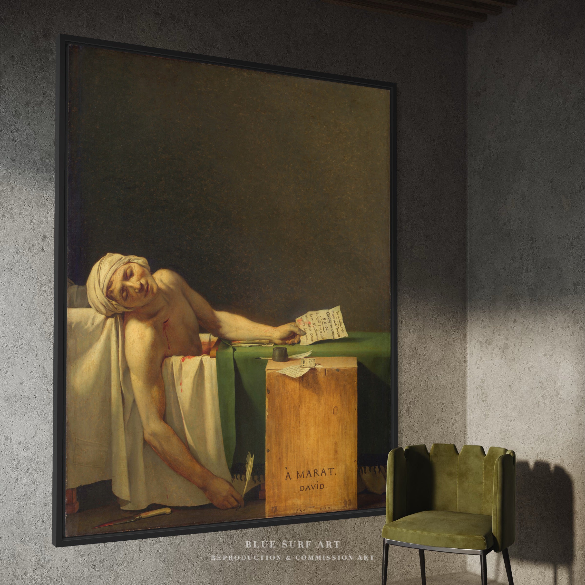 The Death of Marat by Jacques-Louis David. Reproduction oil on canvas. Blue Surf Art Studio