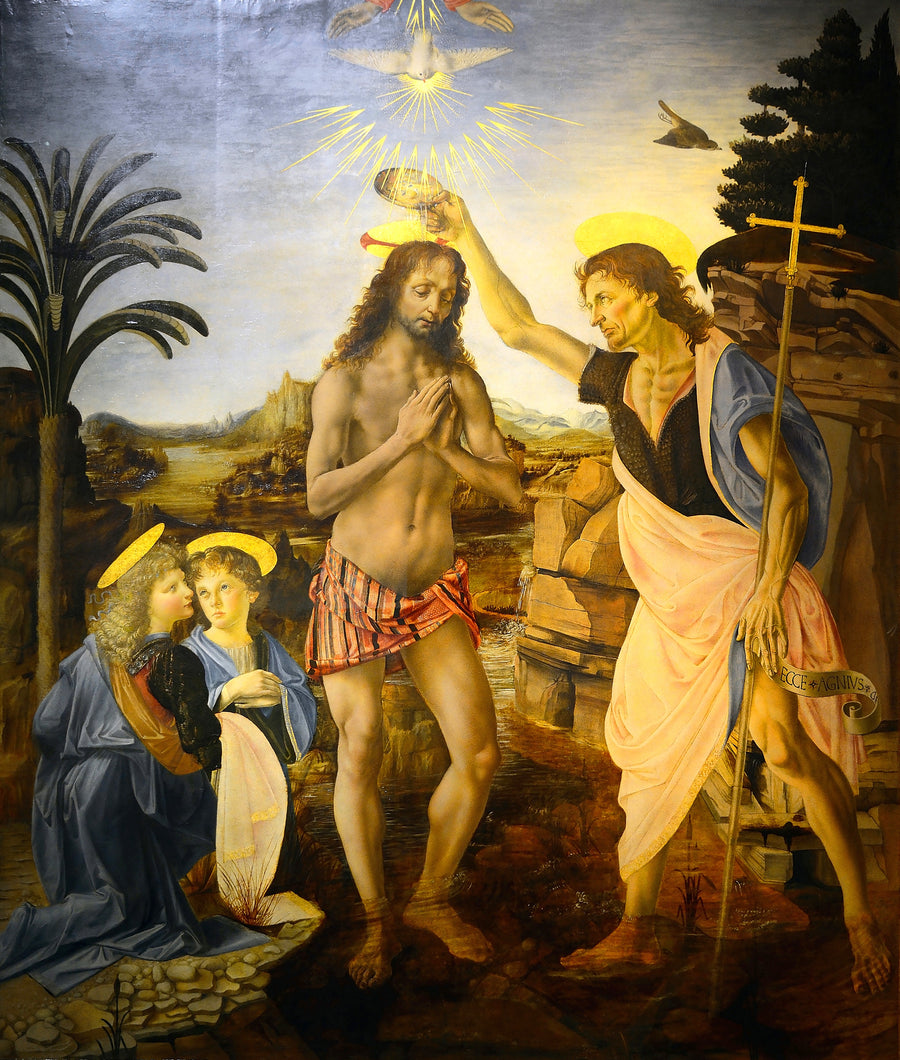 The Baptism of Christ (Verrocchio and Leonardo) Reproduction. Oil on Canvas. Blue Surf Art