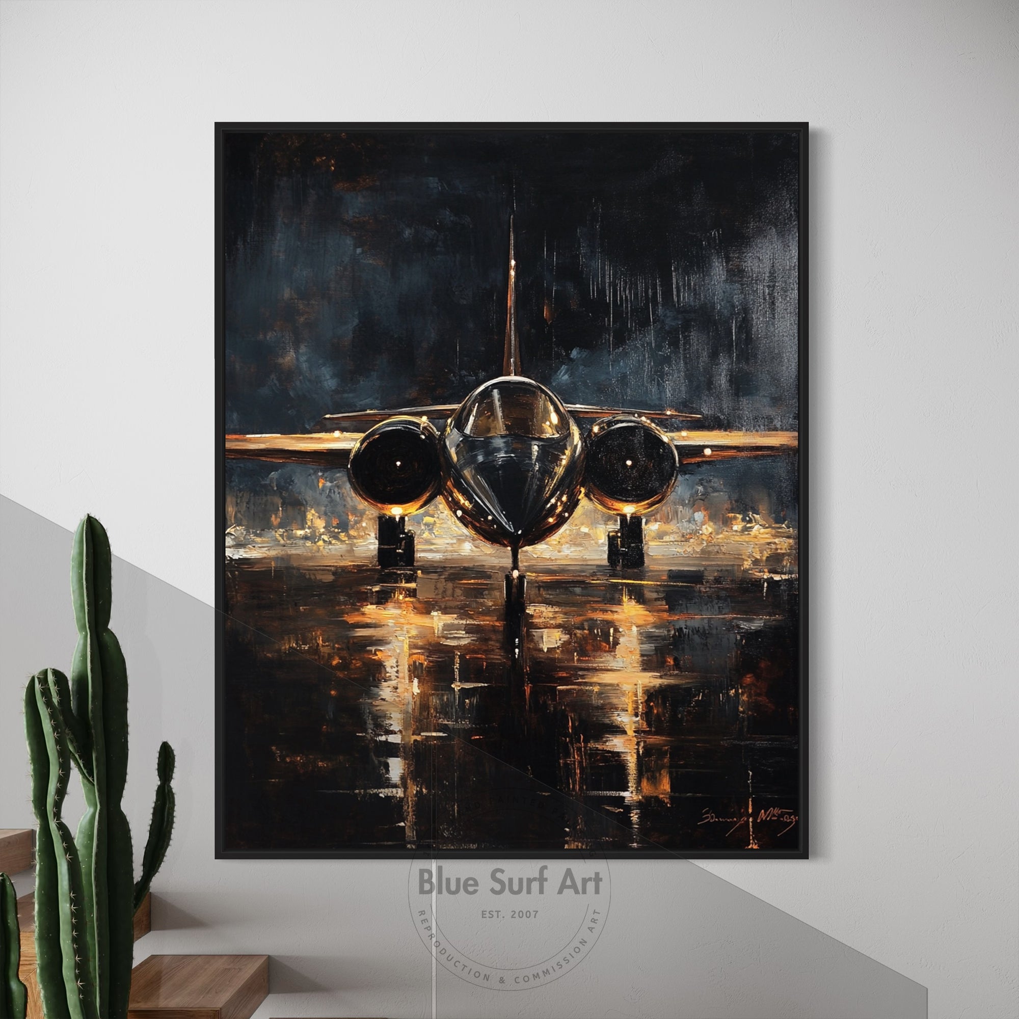 Abstract painting of an airplane on a wall with 'Blue Surf Art' branding.
