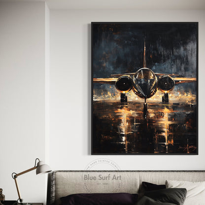 Framed painting of an airplane on a wall above a sofa with 'Blue Surf Art' branding.