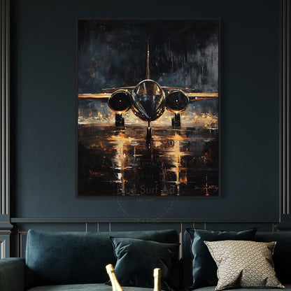 Framed painting of an airplane on a dark wall above a sofa with decorative pillows.