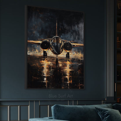Abstract painting of an airplane on a dark wall above a sofa