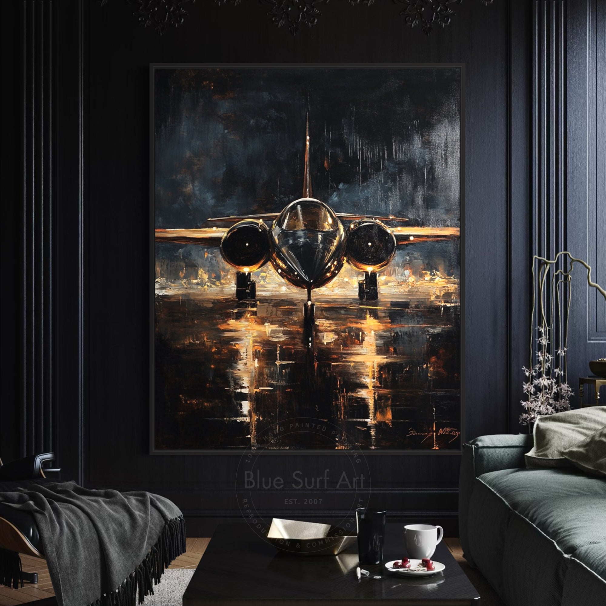 Modern interior with a large painting of an airplane in a dark room.
