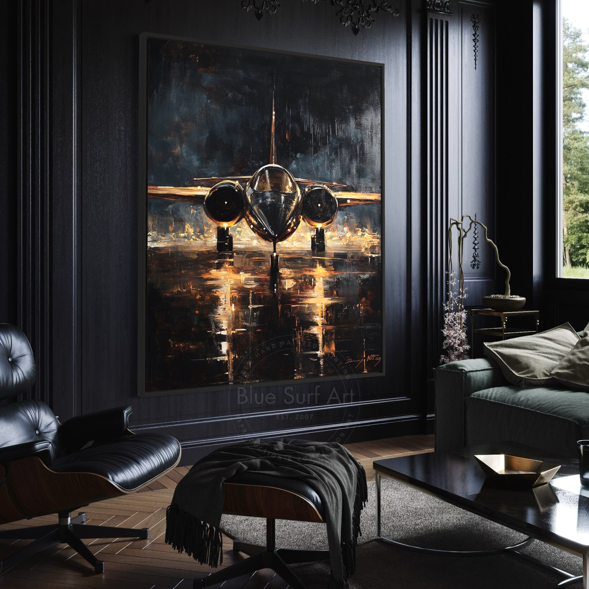 Modern living room with a large abstract painting of an airplane on the wall.