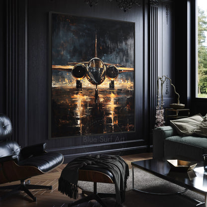 Modern living room with a large abstract painting of an airplane on the wall.