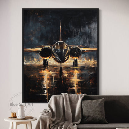 Framed painting of an airplane on a wall above a sofa with decorative items.