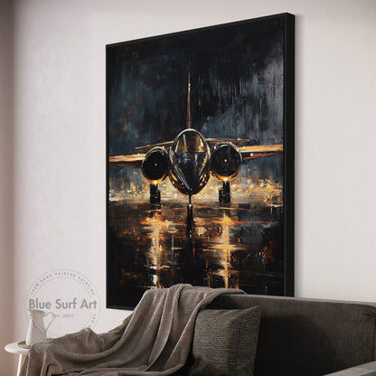 Abstract painting of an airplane on a wall above a sofa