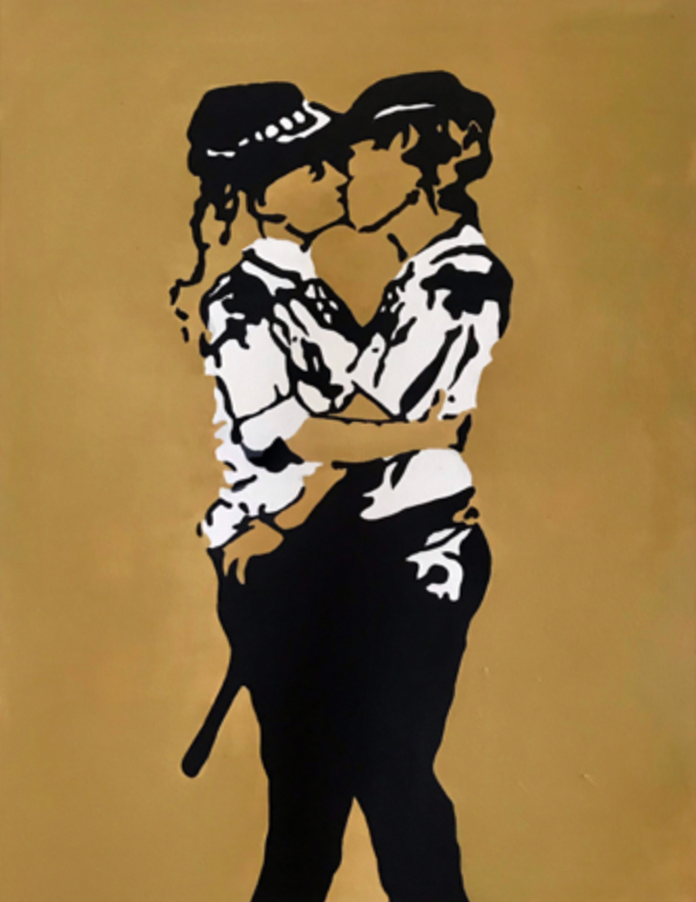 Black and white silhouette of two people embracing on a gold background.  Iconic Kissing Coppers Reproduction Hand-Painted Oil on Canvas