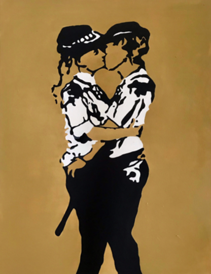 Black and white silhouette of two people embracing on a gold background.  Iconic Kissing Coppers Reproduction Hand-Painted Oil on Canvas