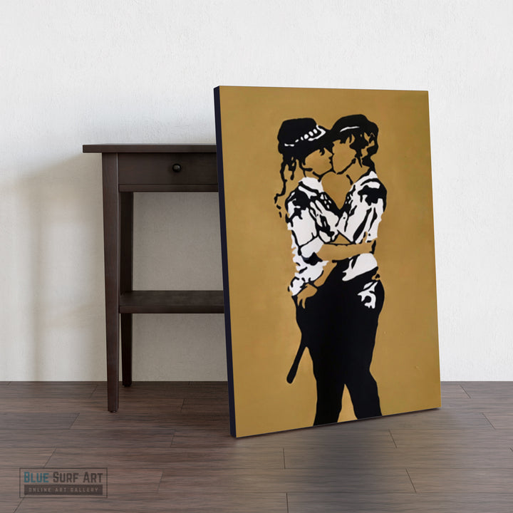 Canvas print of a stylized illustration of two people embracing on a brown background, leaning against a wooden table.  Iconic Kissing Coppers Reproduction Hand-Painted Oil on Canvas