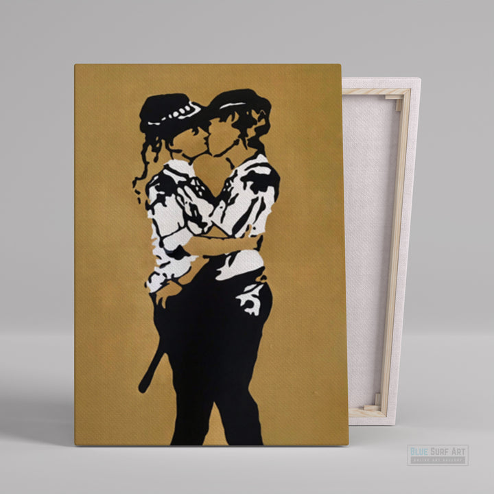 Framed artwork of a stylized illustration of two people embracing on a beige background.  Iconic Kissing Coppers Reproduction Hand-Painted Oil on Canvas