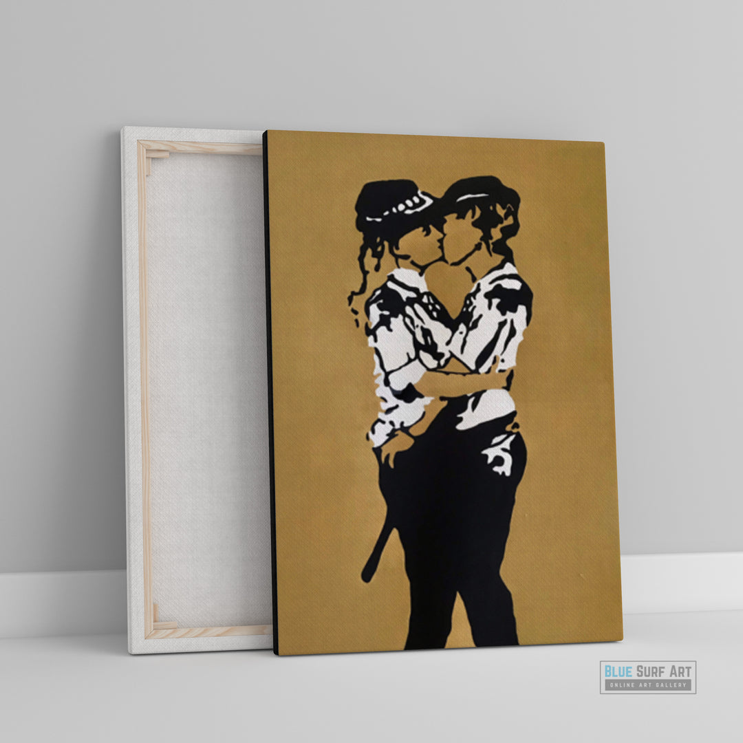 Framed artwork of two people embracing on a gold background.  Iconic Kissing Coppers Reproduction Hand-Painted Oil on Canvas