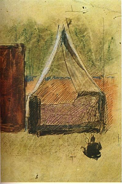 Bed with mosquito nets painting by Pablo Picasso's Rose Period