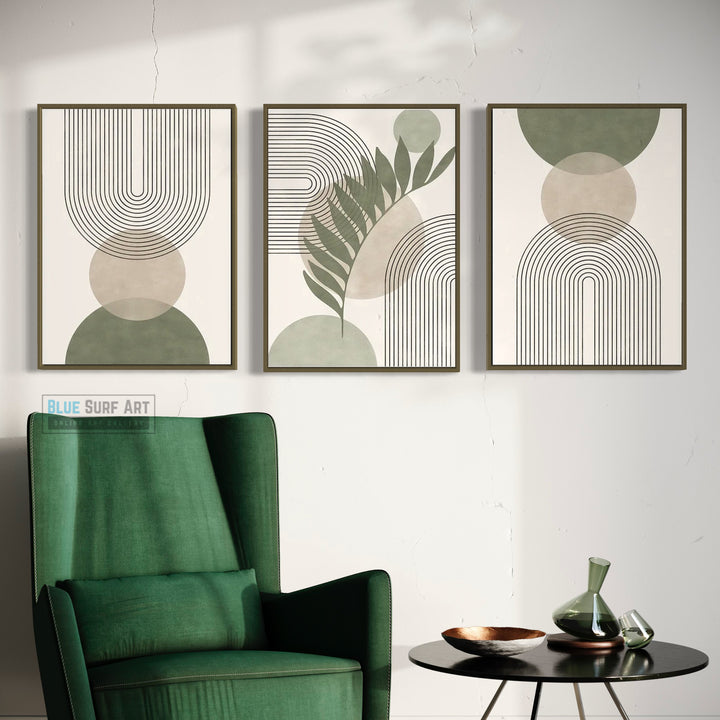 A Minimalist Abstract Masterpiece Print Set Wall Art Print Decor Sage Colour Tone. Blue Surf Art