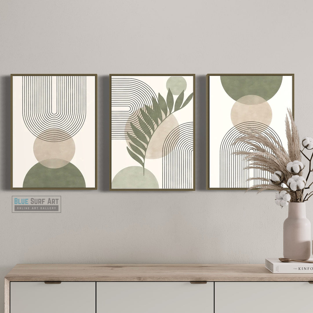 A Minimalist Abstract Masterpiece Print Set Wall Art Print Decor Sage Colour Tone. Blue Surf Art