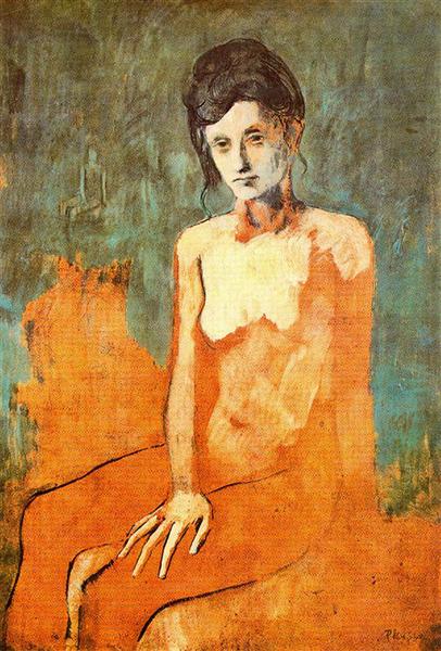 Seated female nude painting by Pablo Picasso's Rose Period